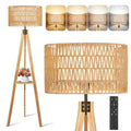 OUTON Boho Rattan Tripod Floor Lamp with Shelves, Remote Control, Dimmable Mid Century Modern Standing Lamp 58.5" for Bedroom, Living Room & Office, Lamp Shade Includes E26 9W Bulb, Wood - color: Wood & Rattan Shade