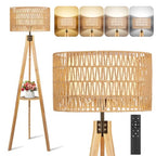OUTON Boho Rattan Tripod Floor Lamp with Shelves, Remote Control, Dimmable Mid Century Modern Standing Lamp 58.5" for Bedroom, Living Room & Office, Lamp Shade Includes E26 9W Bulb, Wood - color: Wood & Rattan Shade