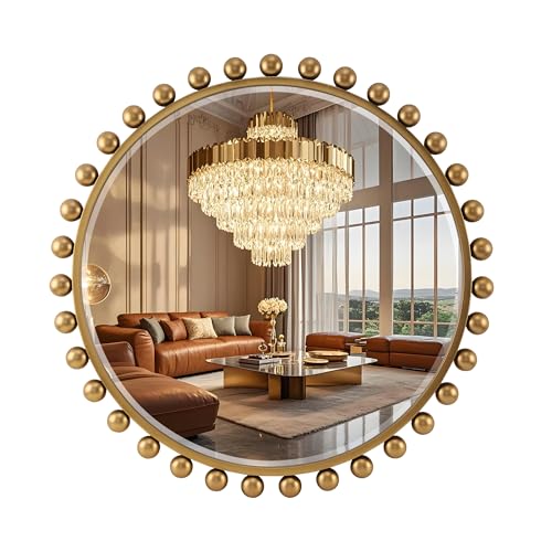 30 Inch Round Wall Mirror with Antique Gold Ball Frame, Beveled Decorative Round Accent Mirror, Vintage Gold Sunburst Style Mirror for Bedroom, Living Room, Entryway, Hallway & Wall Decor - size: Round 30x30"