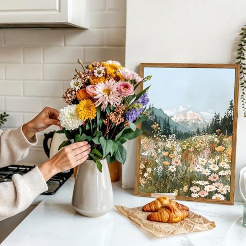 Framed Boho Landscape Wall Art, Colorful Floral Mountain Pictures Wall Decor, Vintage Wildflower Nature Paintings Canvas Prints Rustic Home Decor for Living Room Bedroom Office 12x16 inch - color: Boho Landscape, size: 16"L x 12"W