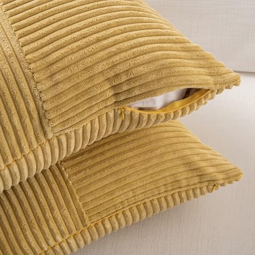 Fancy Homi 2 Packs Mustard Yellow Samll Decorative Throw Pillow Covers 12x12 Inch with for Couch Bed Sofa, Rustic Farmhouse Boho Home Decor, Soft Corss Patchwork Corduroy Square Cushion Case 30x30 cm - color: Mustard Yellow, size: 12" x 12" (Pack of 2)