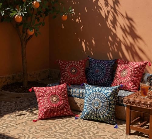 Set Of 5 Boho Throw Pillow Covers - Silk Decorative Cushions For Sofa, Couch, And Bed – Bohemian, Indian & Moroccan Inspired Home DéCor For Living Room (Mandala Cushion Cover, 18X18 Inches) - color: Mandala Cushion Cover