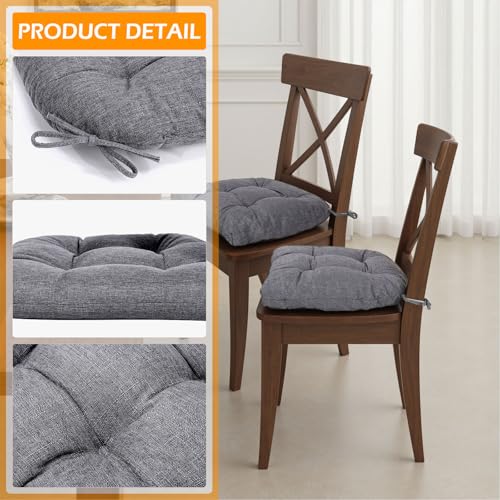 Chair Cushions for Dining Chairs Set of 4, Non Slip Indoor Kitchen Chair Cushions with Ties, Tufted Memory Foam Seat Chair Pads, 17" x 16" x 3", Light Gray - color: Light Gray, size: Pack of 4