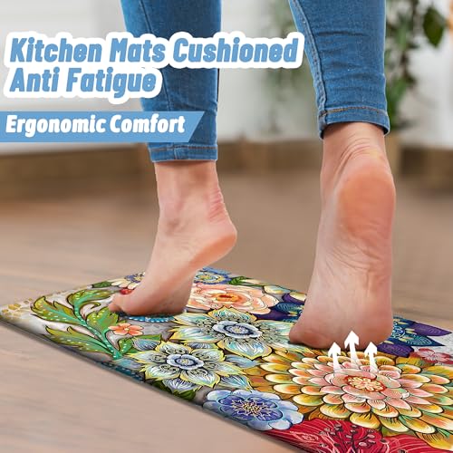 Floral Long Kitchen Runner Rug for Floor, Boho Cushioned Anti-Fatigue, Non-Slip Standing Desk, Waterproof Comfort Mat for Sink, Office, Laundry, 17.3x59 Inch - color: Colorful Boho Floral, size: 17.3"x59"-0.40Th