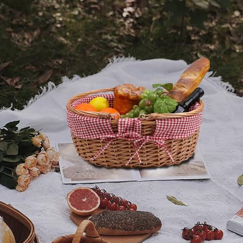 Large Wicker Picnic Basket with Handles,Handle Sturdy Woven Body with Removable and Washable Lining,Outdoor Camping,Gift Packing,Garden Picking, Storage.red - color: Red