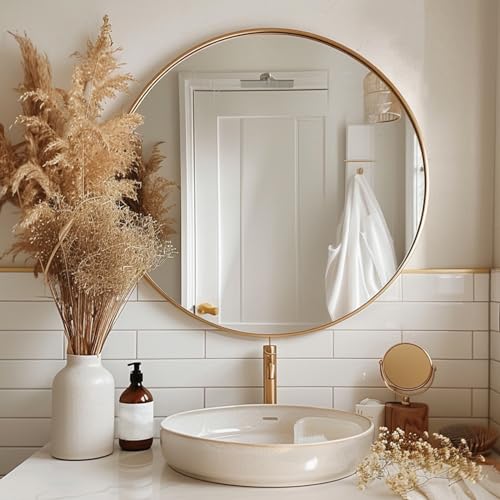 Sunniry Gold Round Mirror 30 inch, Large Circle Mirror, Round Wall Mirror Brushed Metal Frame, Gold Circle Mirrors for Wall, Bathroom, Living Room, Hallway. - color: Gold, size: 30"L x 30"W