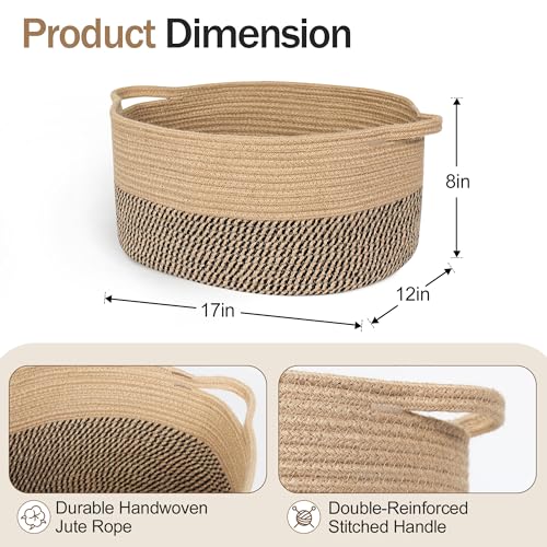 MEGASKET Jute Wicker Basket with Handles, 17"x12"x8" Medium Woven Storage Baskets for Organizing Kids Toy, Gifts, Book, Towel, Cloth, Boho Storage Bin for Shelves, Entryway, Closet, Home Decor - color: Black Stripes and Jute