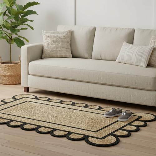 Braided Scalloped Jute Rug Natural with Black Trim, Handmade Farmhouse Boho Area Rug for Entryway, Kitchen, Hallway, Living Room, Bedroom, Rustic Woven Floor Rug - (Black- 2X3 ft) - size: 2' x 3' (Rectangular)