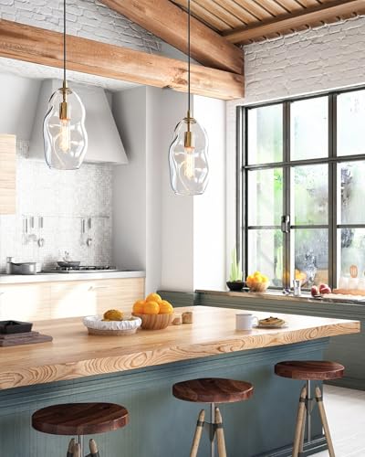 CASAMOTION Modern Pendant Lights Kitchen Island Large Gold Hanging Light Fixtures for Dining Table Blown Art Glass Clear Organic Globe Bedroom Foyer Entryway Hallway Lamp 12 Inch 1 Pack - color: Clear+Glod 12"H-1 Pack