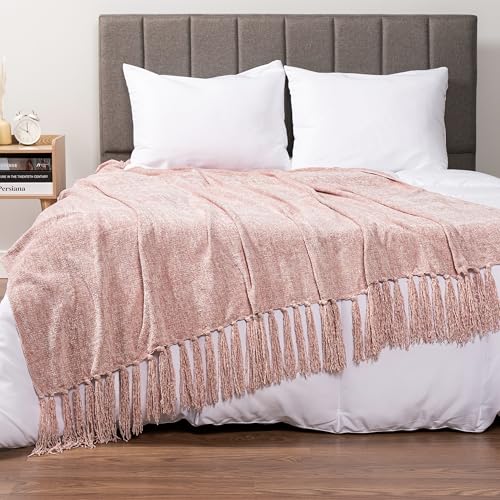PAVILIA Pink Chenille Throw Blanket for Couch Sofa, Light Pink Soft Knit Throw with Tassel, Decorative Blanket for Bed Chair Living Room, Blush Pink 50x60 - color: Blush Pink, size: 50 X 60 Inches - Throw