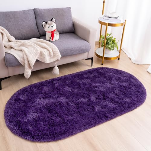 Goideal Fluffy Bedroom Rug, Small Oval Area Rugs, Purple Shag Bedside Carpet for Kids Room Nursery Dorm Cute Fuzzy Indoor Decor for Boy and Girl, 2.6 x 5.3 Feet - color: Grape Purple
