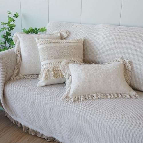Boho Throw Pillow Cover Tassels Textured Striped Bed Pillow Shams Farmhouse Neutral Decorative Soft Pillowcase for Sofa Couch Bed (PatternA,18"x18") - color: Pattern a, size: 18"x18",Throw Pillow Covers