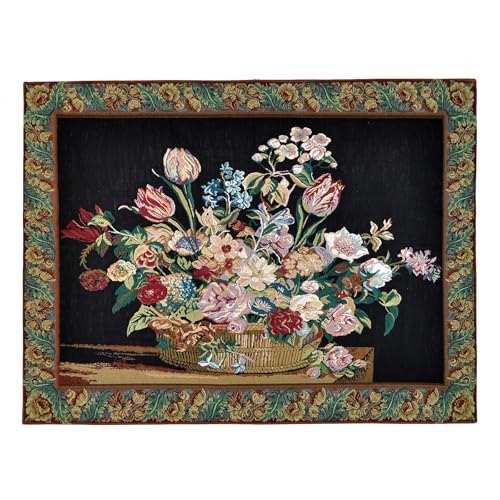 AureoMadis Vintage Woven Tapestry Wall Hanging - Victorian Style Floral Bouquet Jacquard Art, Classic Still Life Flower Basket Decor for Living Room, 36.5 x 28 Inch - color: Dark：Flower Basket Scene