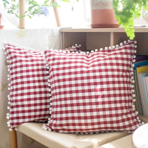 HOPLEE Red Throw Pillow Covers Farmhouse Gingham Pillow Covers with Poms for Home Decor Red and White 18x18 Inches Set of 2 - color: Red Gingham Pom, size: 18" x 18" (Pack of 2)