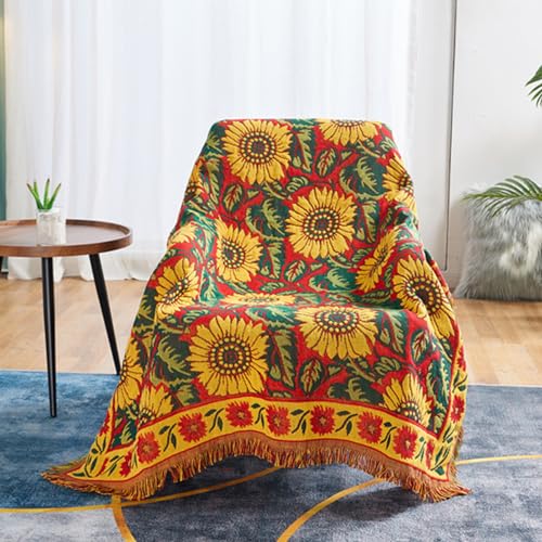 Red Sunflower Throw Blanket with Fringe Boho Throw Blankets Recliner Chair Couch Sofa Cover Woven Reversible Cotton Bohemian Tapestry Hippie Room Home Decor Double Side 70"x90" - color: Red Sunflower, size: 70x90inch