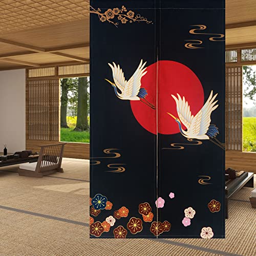 LIGICKY Noren Doorway Curtain Japanese Style White Cranes Red Sun Gold Colourful Cherryblossom Printed Cotton Linen Window Treatment Door Tapestry for Home Decoration 33.5" Width x 59" Long - color: Cranes Flowers Sun, size: 33.5"W x 59"L (Pack of 1)
