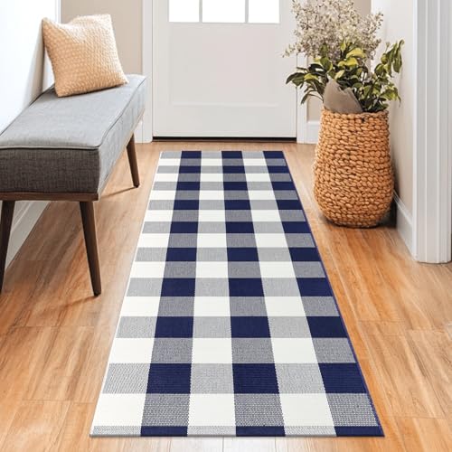 Checkered Runner Rugs 2x6 ft Navy and White Checkered Rug Buffalo Plaid Cotton Woven Mat for Hallways Kitchen Bedroom Living Room Porch Farmhouse Decor - color: Navy and White, size: 2‘×6’