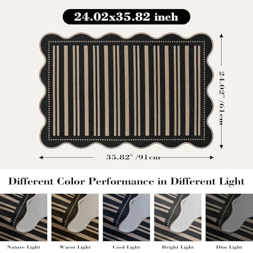 Striped Easy Jute Entryway Rug, 2x3 Black Indoor Outdoor Doormat, Washable Small Kitchen Rug Non Slip Farmhouse Scalloped Rugs for Front Door Entrance Bathroom - color: Black Striped, size: 2'x3' (Rectangular)