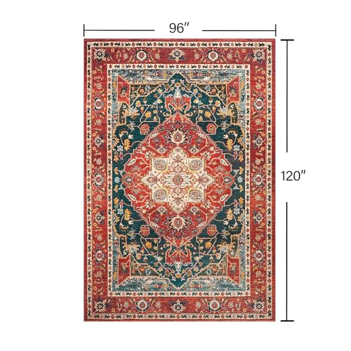 YJ.GWL Area Rugs for Living Room 8x10 Machine Washable Rugs, Non Slip Floral Vintage Rug Indoor Carpet, Stain Resistant Large Rug for Bedroom Dining Room, Orange-Red - color: Orange-red, size: 8' x 10' (Rectangular)
