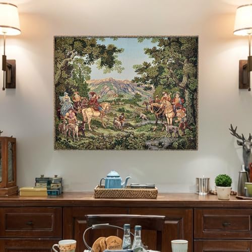AureoMadis Medieval Vintage Tapestry Wall Hanging - Botticelli's Spring Art Replica, Jacquard Woven Aesthetic Set with Tassels, Telescopic Rod, Rope & Hooks for Bedroom & Living Room Decor (42"x27") (Earthy：Hunting Scene-Finished Edges) - color: Earthy：Hu
