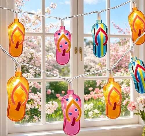 LED Tropical Beach Flip Flop String Lights, 8.5Ft Slipper String Lights Plug in with 10 Multicolor Bulbs, Summer Hawaiian Themed Decorative Lights Camping Tent Holiday Party Garden Outdoor Decor - color: Multicolor Slipper