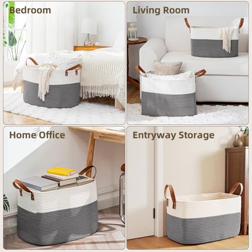 BOLDMONKEY 72L Laundry Basket with Leather Handles,Woven Cotton Rope Blanket Basket,Toy Bin for Baby Room,Laundry Hampers for Bedroom, Living Room,Bathroom,22"x17"x11.8" Gray - color: Gray, size: 72L