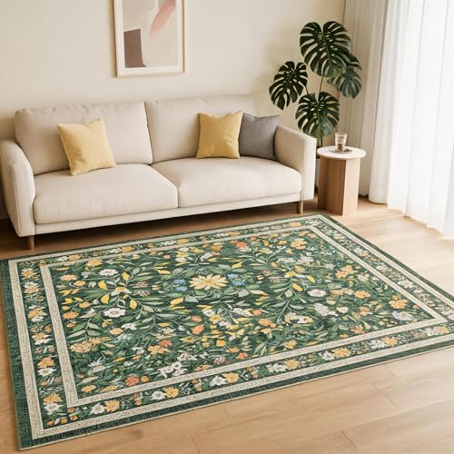 Area Rug for Living Room Ultra Thin Washable Floral Area Rug Non-Slip Boho Flower Carpet - Soft Indoor Throw Rug for Girls Room, Nursery, Playroom - color: Green, size: 9' x 12' (Rectangular)