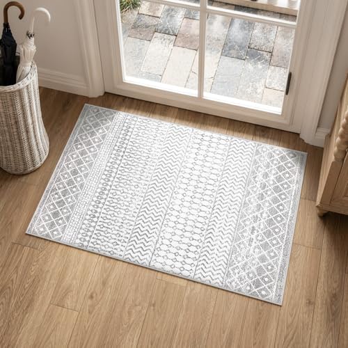 Moroccan Washable Rugs, 2x3 Ivory Gray Rug Non-Slip Small Distressed Entryway Rugs, Soft Low-Pile Bedroom Rug Indoor Doormat Carpet for Entryway Kitchen Bathroom - color: Ivory / Gray, size: 2' x 3' (Rectangular)