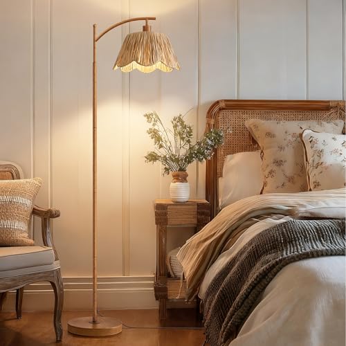 Oneach Rattan Floor Lamp for Bedroom, Boho Floor Lamp with Foot Switch, Farmhouse Standing Lamps for Living Room with Hand-Woven Shade, Walnut Metal Base & Pole - color: Walnut