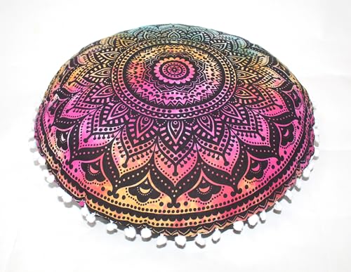 Round Mandala Floor Pillow Cover Seating Cushion Throw Cover Hippie Decorative Bohemian Ottoman Pouf Cover, Pom Pom Pillow Cases,Boho Indian 32 Inches Multi Ombre - color: Multi Black, size: 32" Round