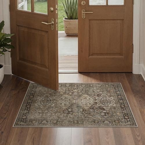 Bavni Washable Entry Rug 2x3, Machine Washable Non Slip Door Mat Rugs for Entryway Kitchen Bathroom Rug, Vintage Print Low Pile Small Indoor Carpet for Front Door Hallway Laundry Brown - color: Brown, size: 2' x 3' (Rectangular)