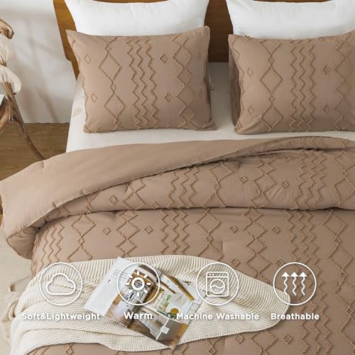 Andency Taupe Tufted Comforter Set Full(79x90Inch), 3 Pieces(1 Boho Comforter, 2 Pillowcases) Textured Farmhouse Bed, Soft Down Alternative Geometric Bedding Set - color: 06 - Taupe, size: Full (79"x90")