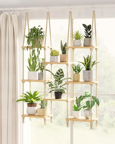 Bamworld Hanging Shelves 8Tiers Plant Hanger Indoor Window Plant Shelves Wood Plant Wall Shelf Window Sill Plant Shelf Indoor Hanging Plant Stand Living Room Decor Garden Boho Decor - size: 8Tier