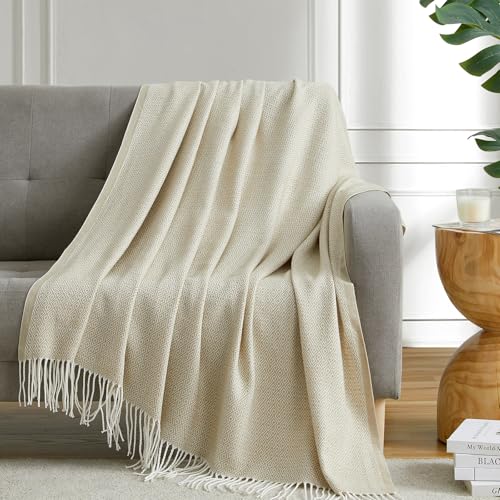 BOURINA Throw Blanket Decorative Faux Cashmere Fringe Lightweight Throw Soft Cozy for Bed or Sofa Outdoor Blanket, 50" x 60" Beige - color: Beige, size: 50"x60"