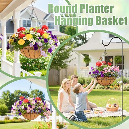2 Pack 12 Inch Hanging Baskets for Plants Outdoor Metal Hanging Planters Round Hanging Flower Pots with Coco Coir Liner Plant Holder for Outdoor Patio Garden Balcony Decor - Flower Border - color: Flower Border