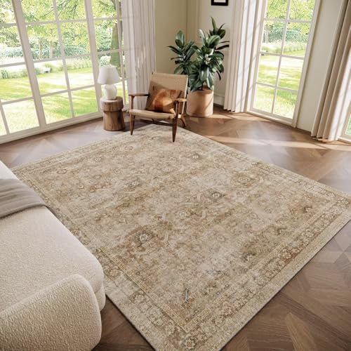 Washable 5x7 Area Rugs for Living Room, Boho Non-Slip Vintage Rug for Bedroom Dining Room Nursery Office, 0.3" Neutral Oriental Throw Thin Carpet with Cushioning Pad, Brown/Multi, C1 - color: Brown/White/Multi, size: 5' x 7' (Rectangular)