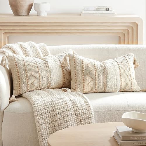 BlissBlush Decorative Lumbar Throw Pillow Covers 12x20 Combo Set of 2 Cream Neutral Rectangular Boho Accent Pillowcase Farmhouse Cushion for Couch Sofa Bedroom Living Home Décor Cover ONLY - color: Beige, size: 20" x 12" (Pack of 2)