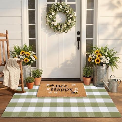 Bee Happy Layered Doormat Set, Spring Door Mat with Printed Coir Welcome Mat and Plaid Layering Doormat, Farmhouse Front Door Entryway Decorative Porch Mat (Green, 3' x 5') - color: Green, size: 3' x 5' (Rectangular)