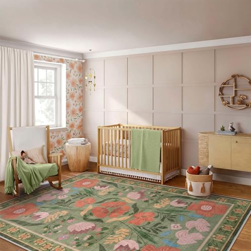 Beeiva Floral 6x9 Area Rugs for Living Room, Washable Green Area Rugs with Low Plie, Soft Flower Ultra Thin Rug Carpet for Bedroom Office Dorm Dining Room Playroom Décor (Green,6'x9') - color: Green, size: 6' x 9' (Rectangular)