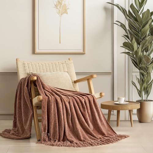 EverGrace Soft Chenille Throw Blanket for Couch, Cozy Plush Fuzzy Decorative Chenille Knit Throw Blanket with Tassels, Lightweight Blanket and Throws for Bed Sofa Gift Home Decor, Clay 60"x80" - color: Clay, size: 60"x80"