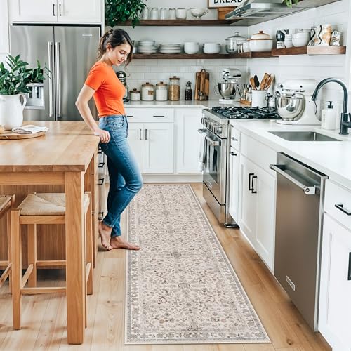 2x10 ft Hallway Runner Rug Washable – Boho Floral Non Slip Long Carpet Runner for Kitchen Entryway Bedroom Living Room, Soft Low-Pile Thin Floor Area Rug (Beige, 2x10) - color: Beige, size: 2' x 10' (Rectangular)