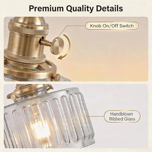 2 Pack Vintage Wall Sconces, Striped Glass Shade Wall Lamp with 2 Natural Light Bulbs, Hardwired Design with Rotary Switch, Decorative Light for Bedroom Hallway Living Room - color: Clear 2pcs Ribbed Glass Wall Light