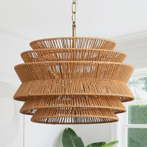 6-Light Boho Rattan Chandelier, 17.7 inch Hand Woven Farmhouse Hanging Light Fixture, Rustic Woven Ceiling Lamp for Kitchen Island, Dining Room, Living Room & Foyer - color: 17.7" Brown