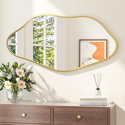 Keonjinn Gold Irregular Mirrors for Wall 48" x 24" Inch, Asymmetrical Metal Frame, Tempered Glass Decorative Mirror for Bathroom, Bedroom, Living Room, Entryway(Horizontal/Vertical) - color: Gold, size: 24"L x 48"W