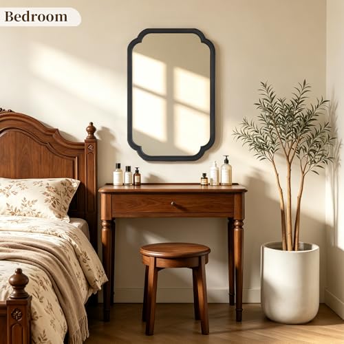HOMECOOKIN Wood Bathroom Mirror for Wall Decor Arched Rounded Corner Rustic Wood Frame Wall Mirror Home Decorative for Vanity, Living Room, Bedroom, Entryway (20 x 30 inch, Black) - color: Black, size: 30"L x 20"W