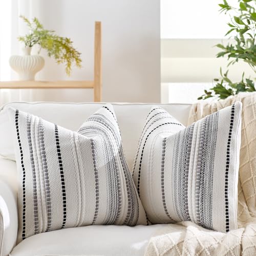Boho Pillow Covers 18x18 Inch White Black Grey Striped Farmhouse Decorative Accen Throw Pillow Covers Boho Cushion Case for Bed Sofa Couch Home Decor Set of 2 - color: Black Grey White