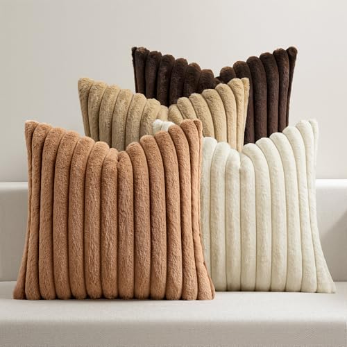 MIULEE Faux Fur Plush Decorative Throw Pillow Covers 20x20 Set of 4, Boho Farmhouse Soft Fuzzy Striped Cushion Covers for Sofa Couch Bed Living Room Vintage Rustic Home Decor,Brown - color: Brown, size: 20" x 20" (Pack of 4)
