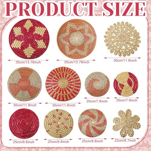 Tatuo 11 Pcs Boho Wall Basket Decor Bulrush Woven Wall Hanging Art Round Farmhouse Rustic Handmade Wicker for Summer Home, Bedroom, Living Room, Kitchen Decorations, Multi Sizes(Pink) - style: Pink
