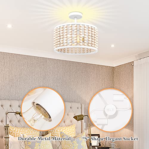 White Wood Beaded Boho Chandelier - Modern Nursery Ceiling Light Fixture, Beaded Semi Flush Mount Light, Farmhouse Lights for Bedroom Hallway Foyer Living Kids Room - color: White Chandelier