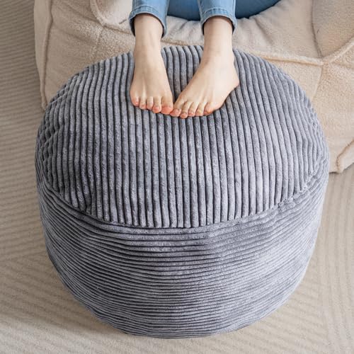 HIGOGOGO Round Stuffed Pouf Ottoman, Corduroy Poufs with Foam Chunk Filling, Furry and Fluffy Pouf Foot Stool Storage Ottoman, 20 X 15 Floor Poufs Foot Rest for Living Room, Dark Grey - color: Dark Grey, size: 20"D x 20"W x 15"H